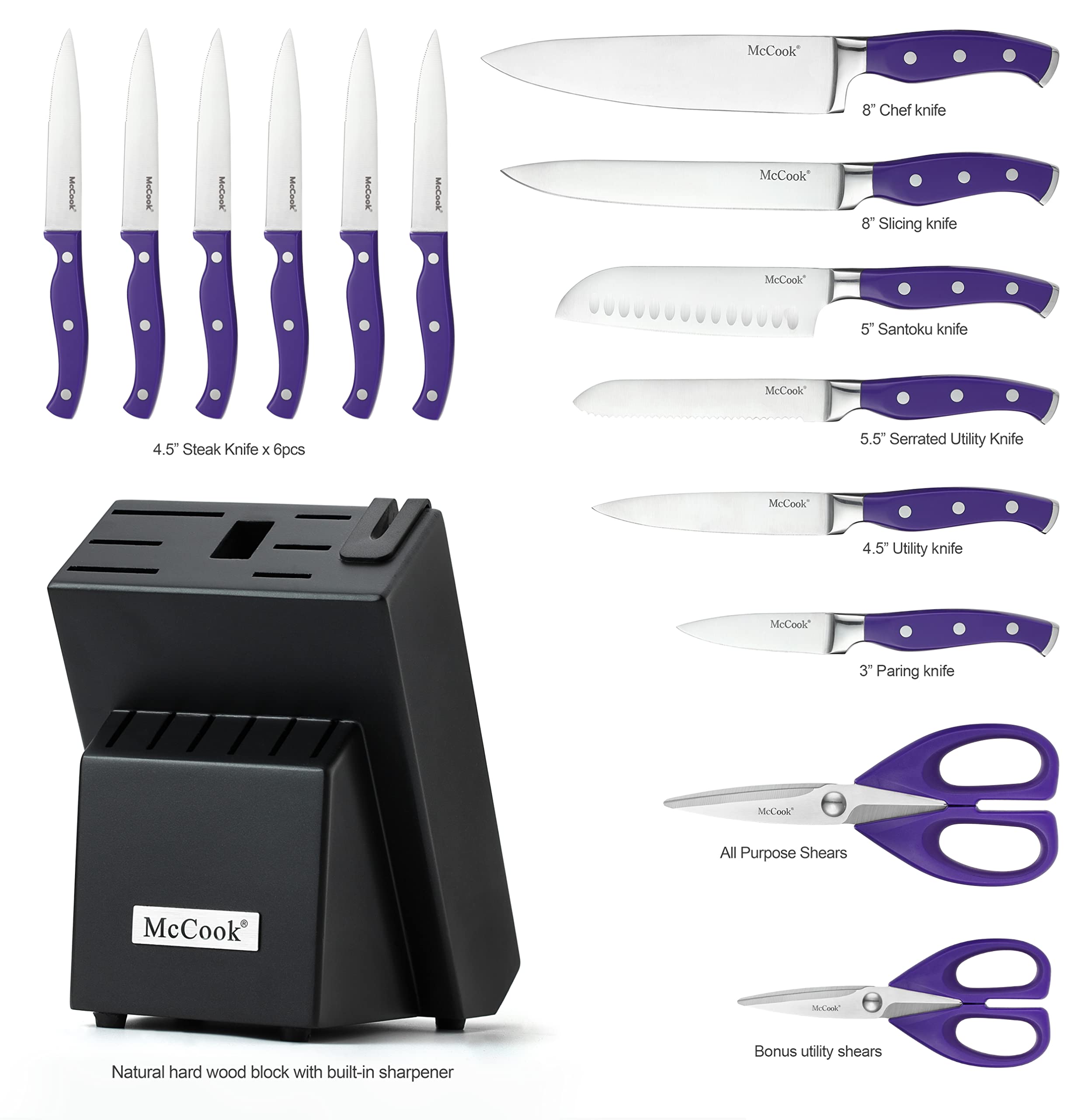 McCook MC27 wooden knife block with knives, showcasing neat storage and built-in sharpener.