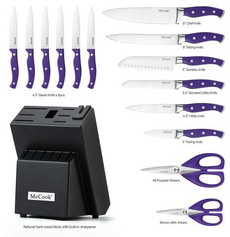 McCook MC27 wooden knife block with knives, showcasing neat storage and built-in sharpener.