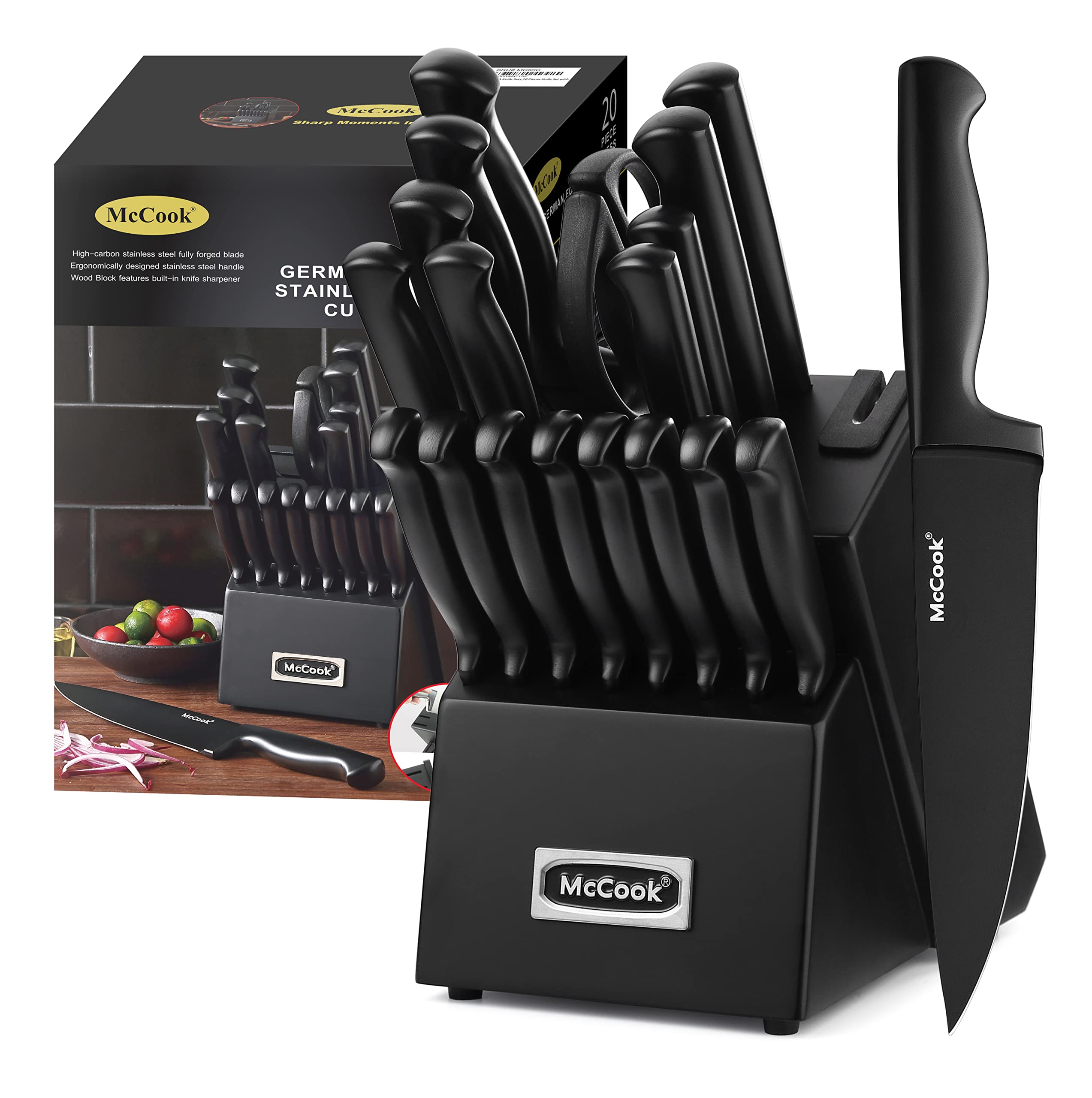 McCook knife set with built-in sharpener on block for easy maintenance