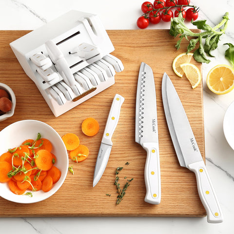 McCook wooden knife block display keeping knives organized with a built-in sharpener.
