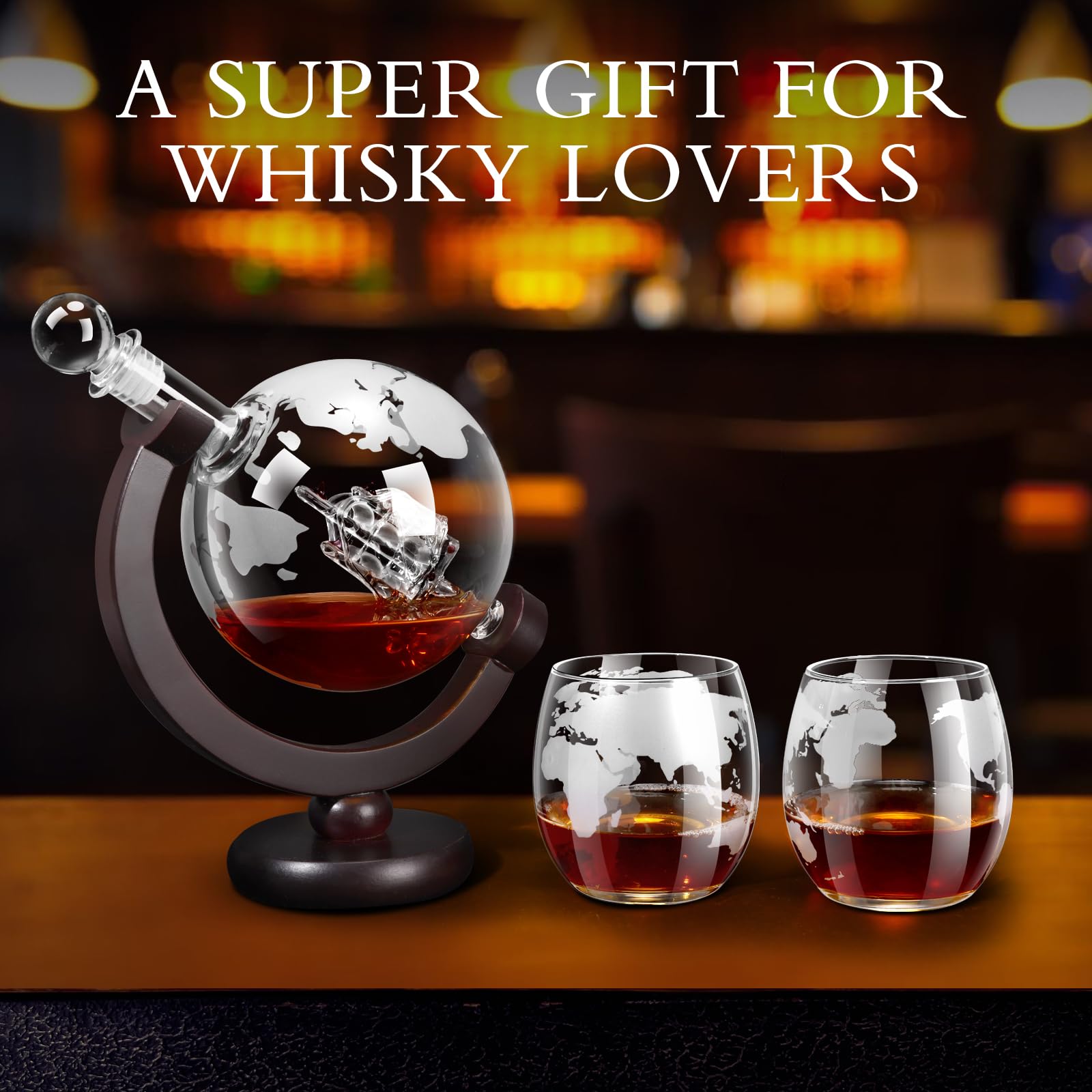 mcgskl whiskey decanter globe with map glasses and ship engraving