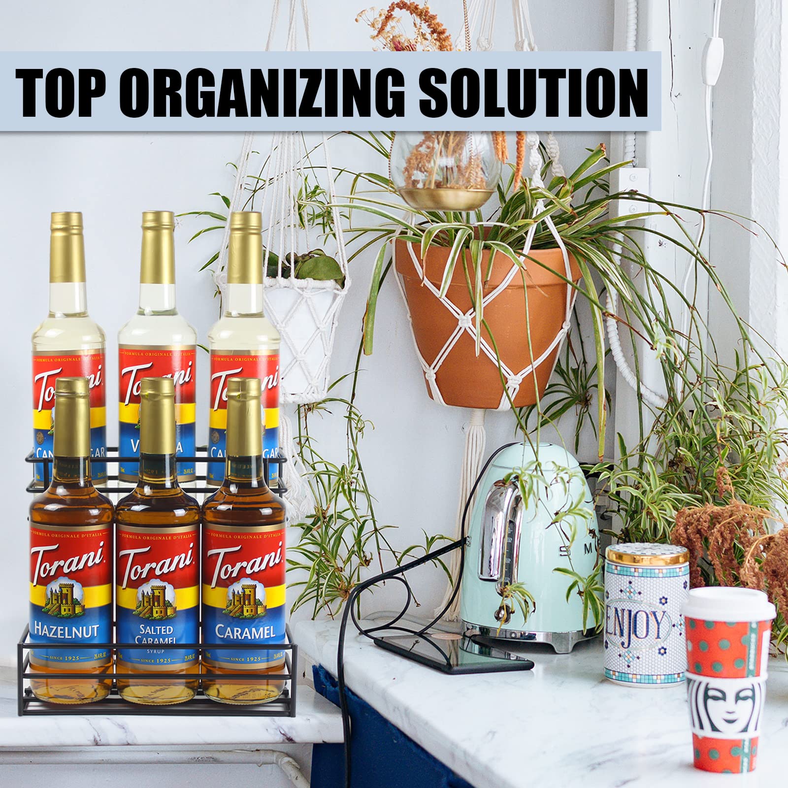 MCSAPIL syrup rack with a black iron finish adds durable style to any bar.