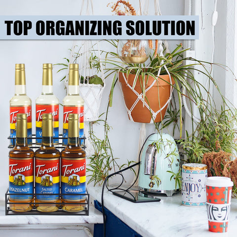 MCSAPIL syrup rack with a black iron finish adds durable style to any bar.
