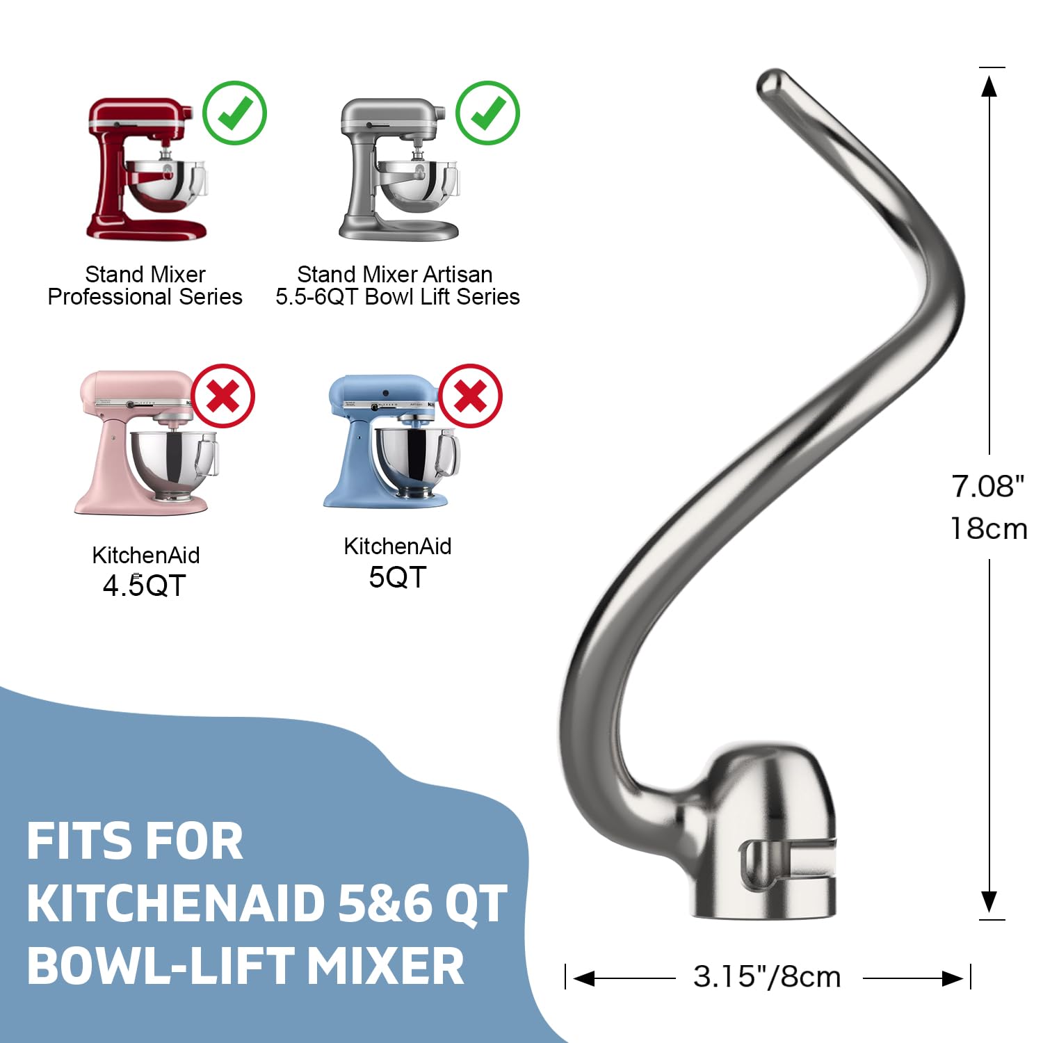 Mdduocd dough hook compatible with Professional 5 Plus for versatile kneading.
