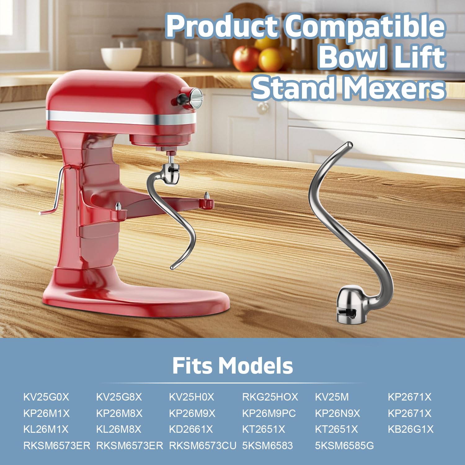 Mdduocd dough hook close-up shows smooth surface and durable construction.
