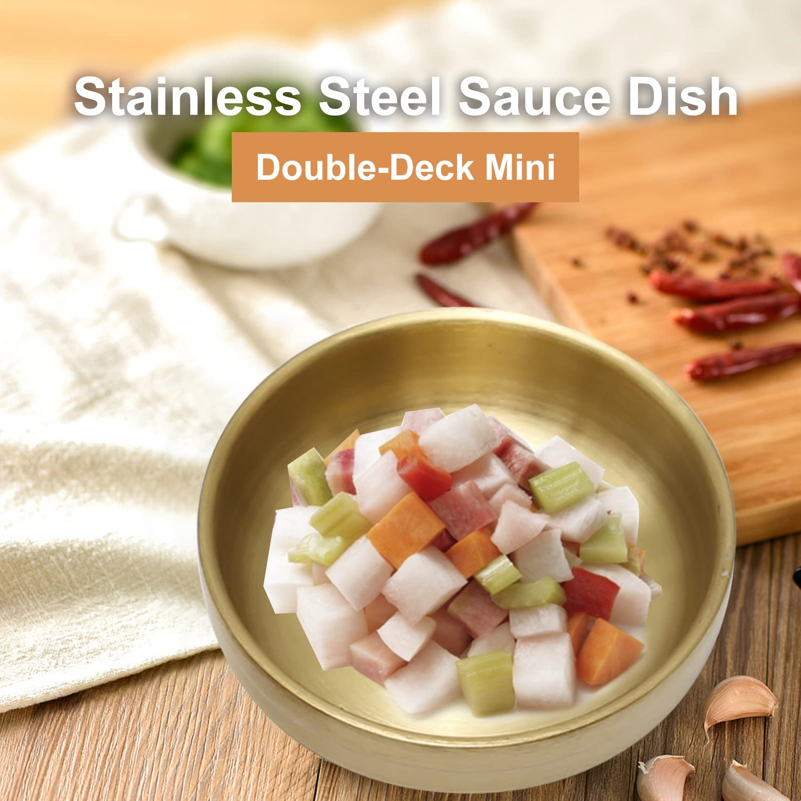 MDEOOSKY gold sauce dishes in Korean BBQ setting for sauces.