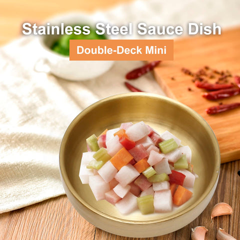 MDEOOSKY gold sauce dishes in Korean BBQ setting for sauces.
