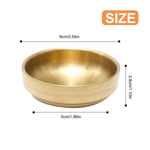MDEOOSKY gold sauce dish, side angle showing compact size and stable flat bottom.