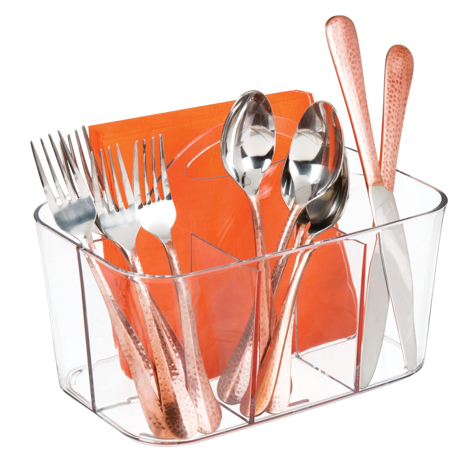 mDesign cutlery organizer in clear plastic with handle for easy transport.
