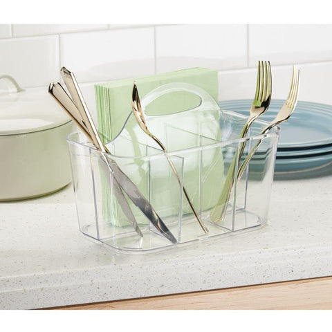 mDesign Lumiere collection clear bin keeping forks, knives, and spoons organized.