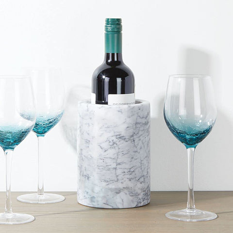 mdesign white marble wine chiller close-up shows premium texture and sophisticated finish.