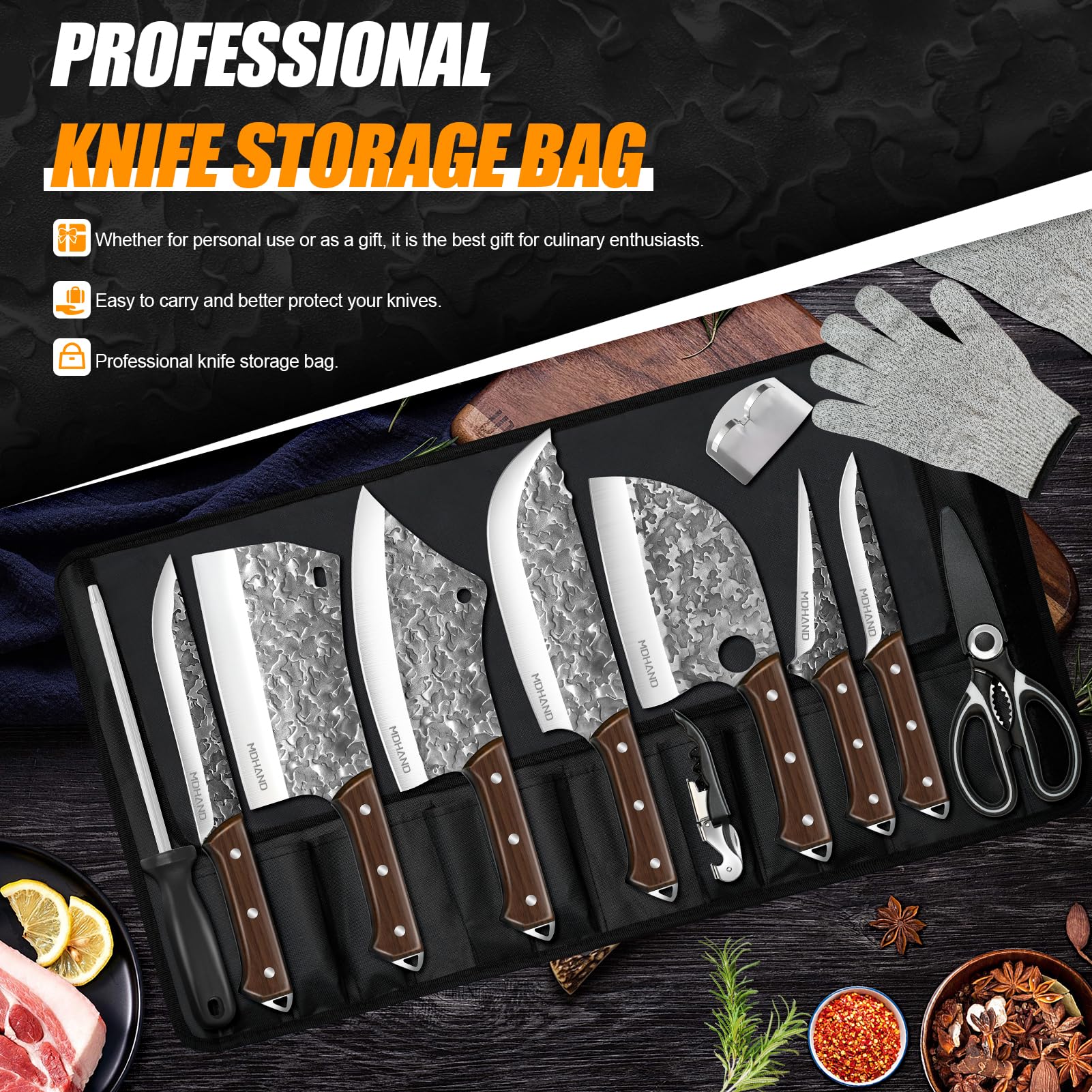 MDHAND chef knife blade close-up highlighting sharp edge for precise slicing