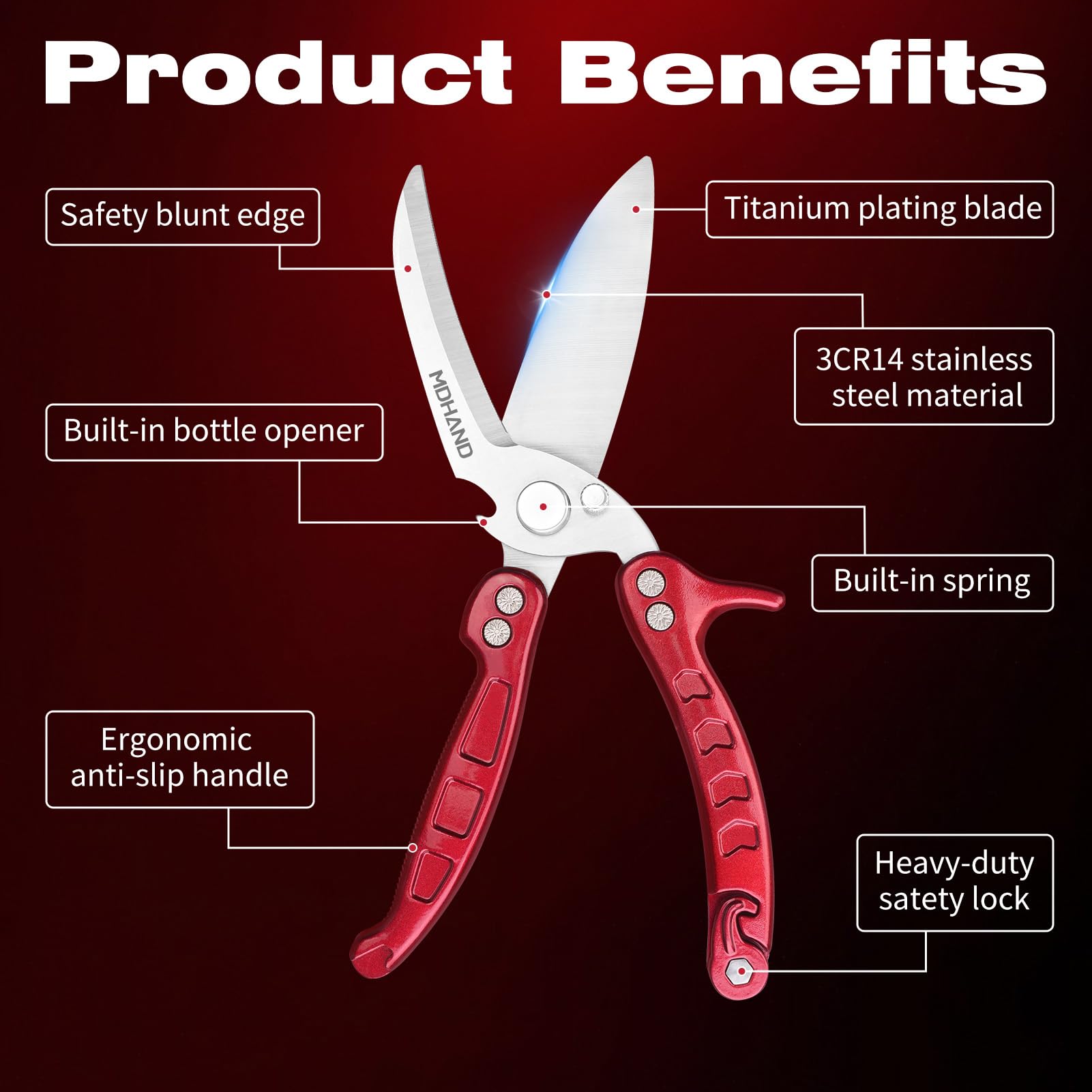 MDHAND Shears with micro-serrated edges for non-slip cuts.