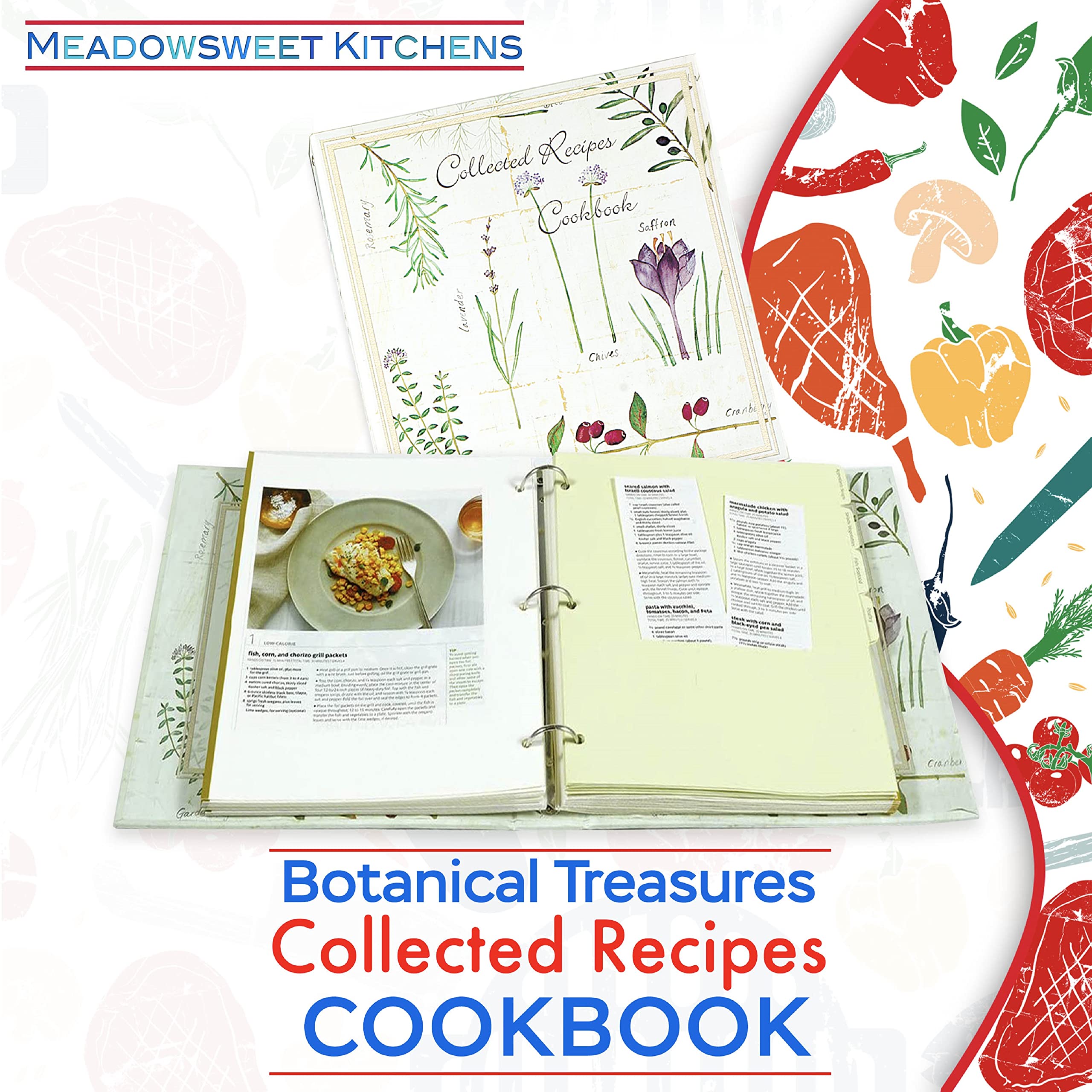 Meadowsweet Kitchens 8-tab dividers with labeled categories help organize recipes efficiently.