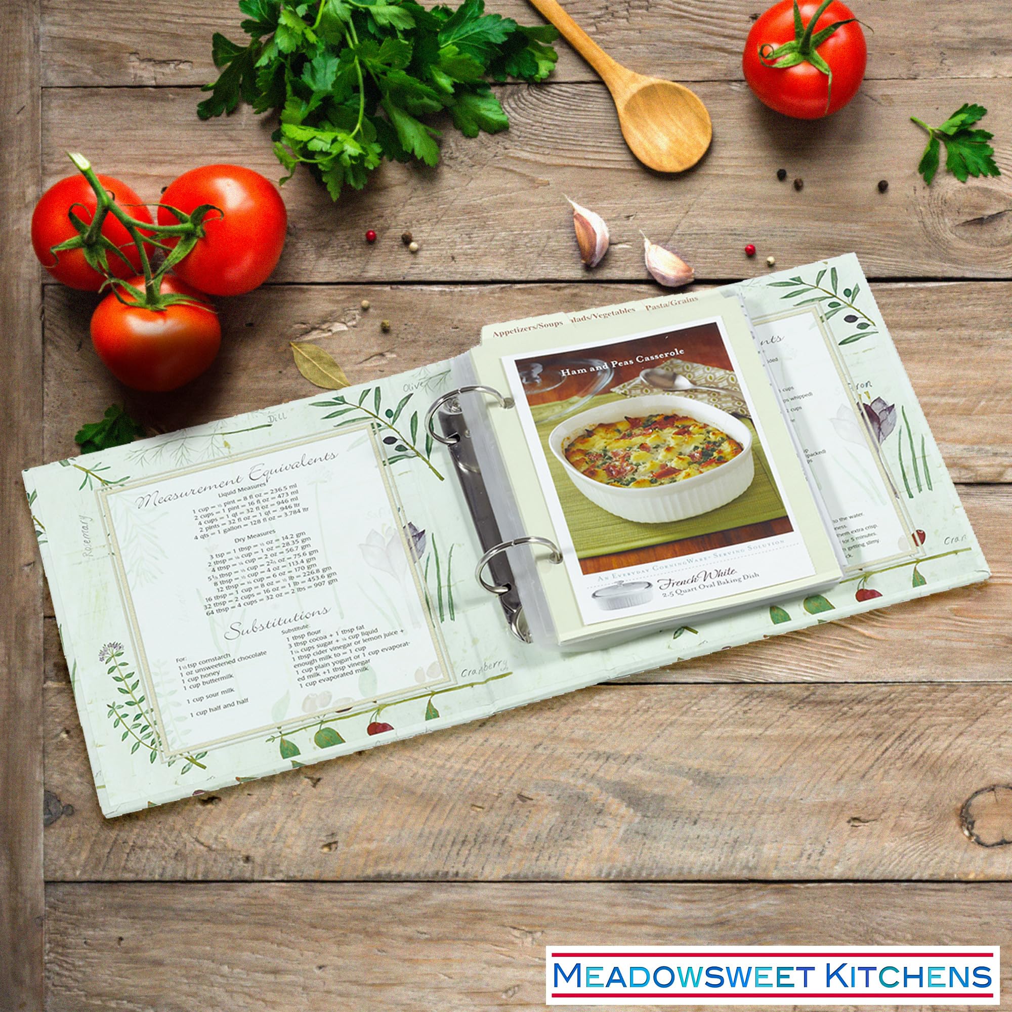 Meadowsweet Kitchens mini binder dimensions fit small countertops and shelves.