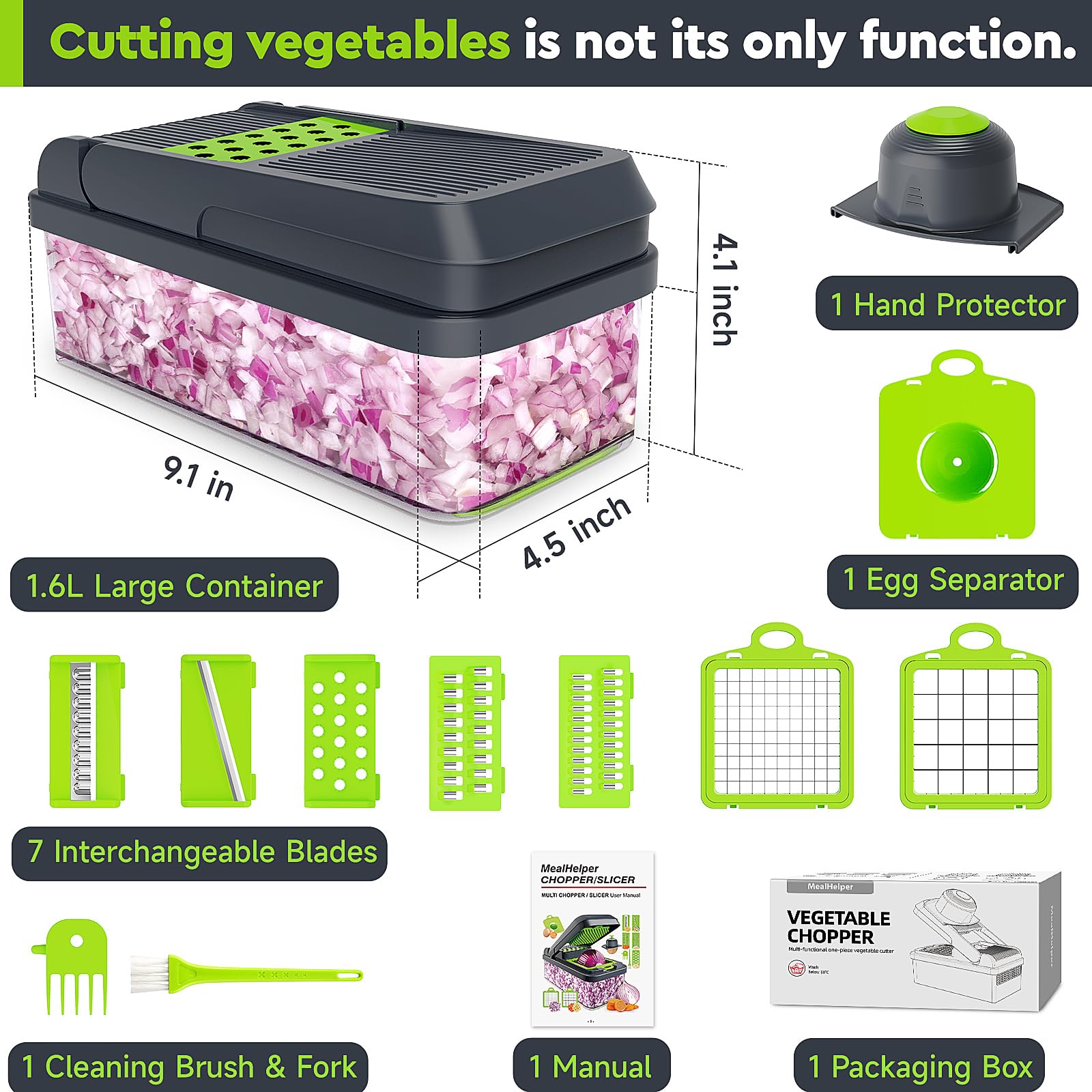MealHelper 7-blade vegetable chopper with sharp blades makes slicing quick.