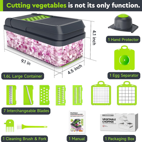 MealHelper 7-blade vegetable chopper with sharp blades makes slicing quick.