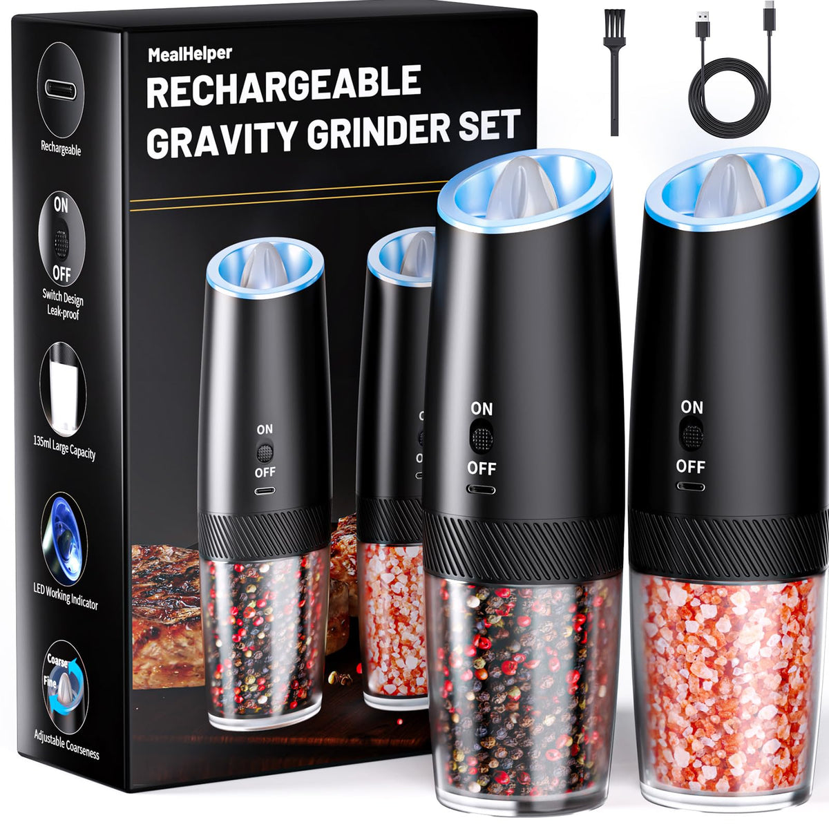 MealHelper rechargeable gravity grinder enables quick, fresh seasoning at home.