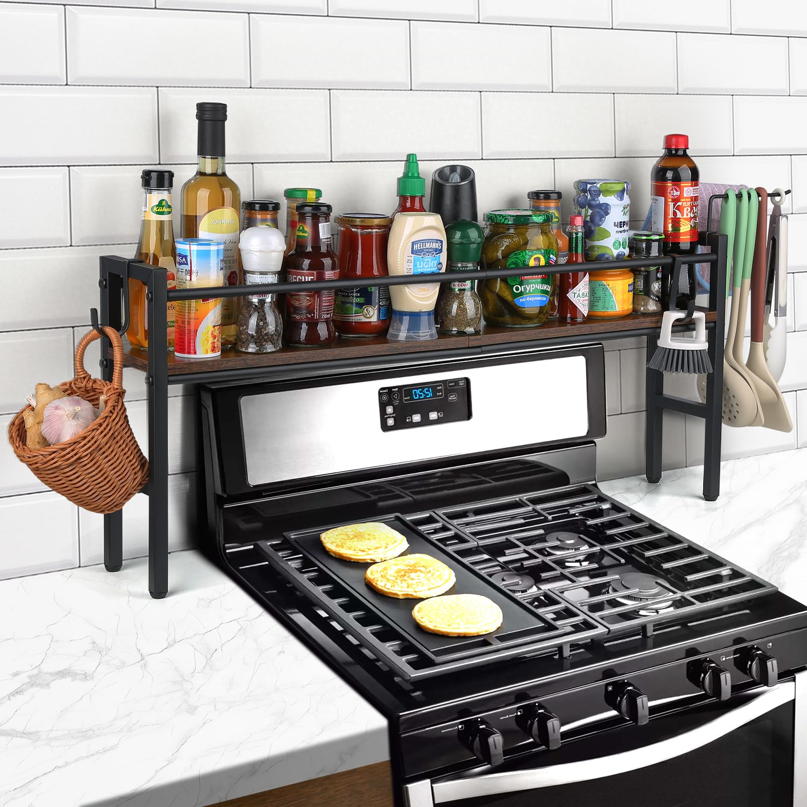 Meangood spice rack shelf over stove assembly improves counter organization and reach.