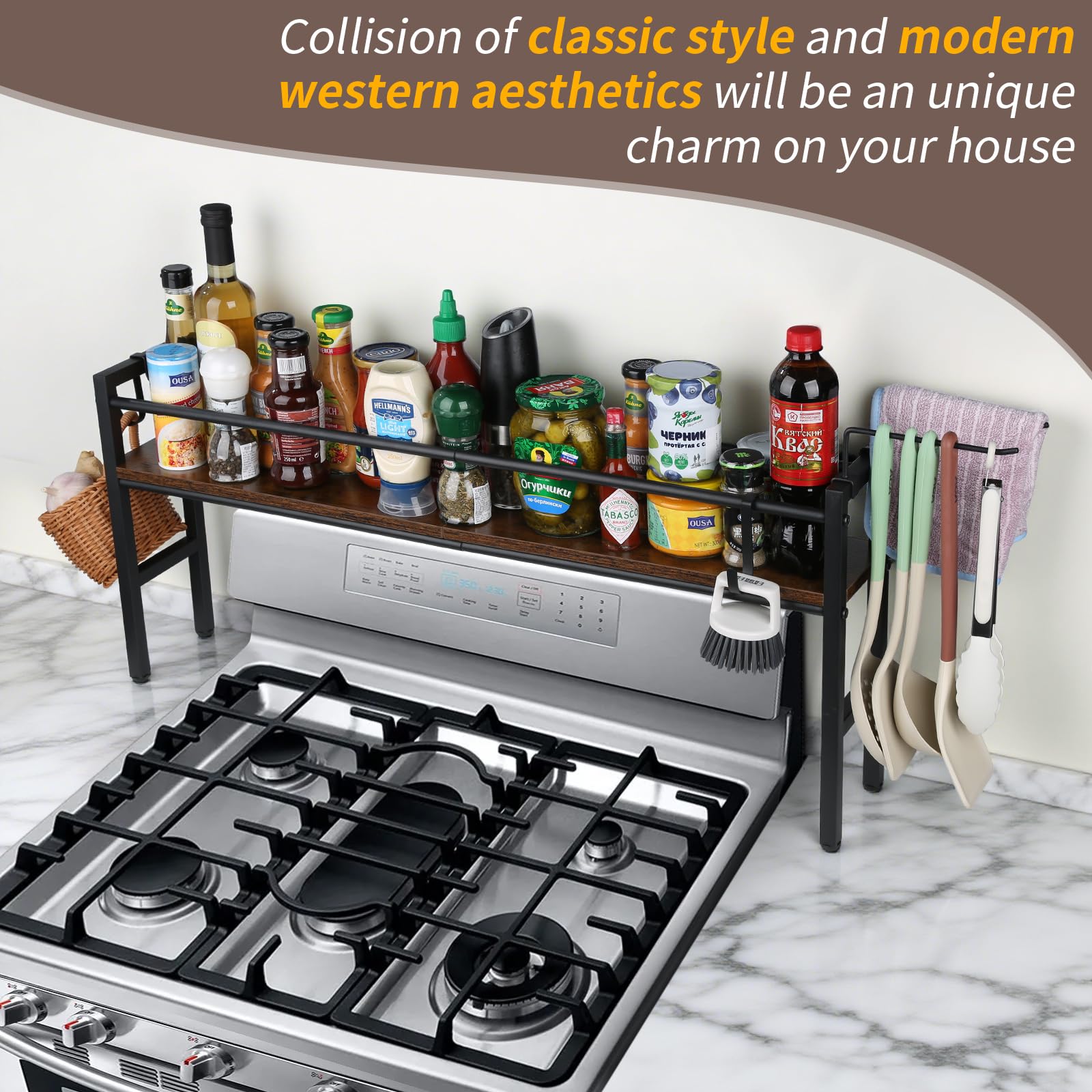 Meangood spice rack shelf for stove-top organization keeps spices within easy reach while cooking.