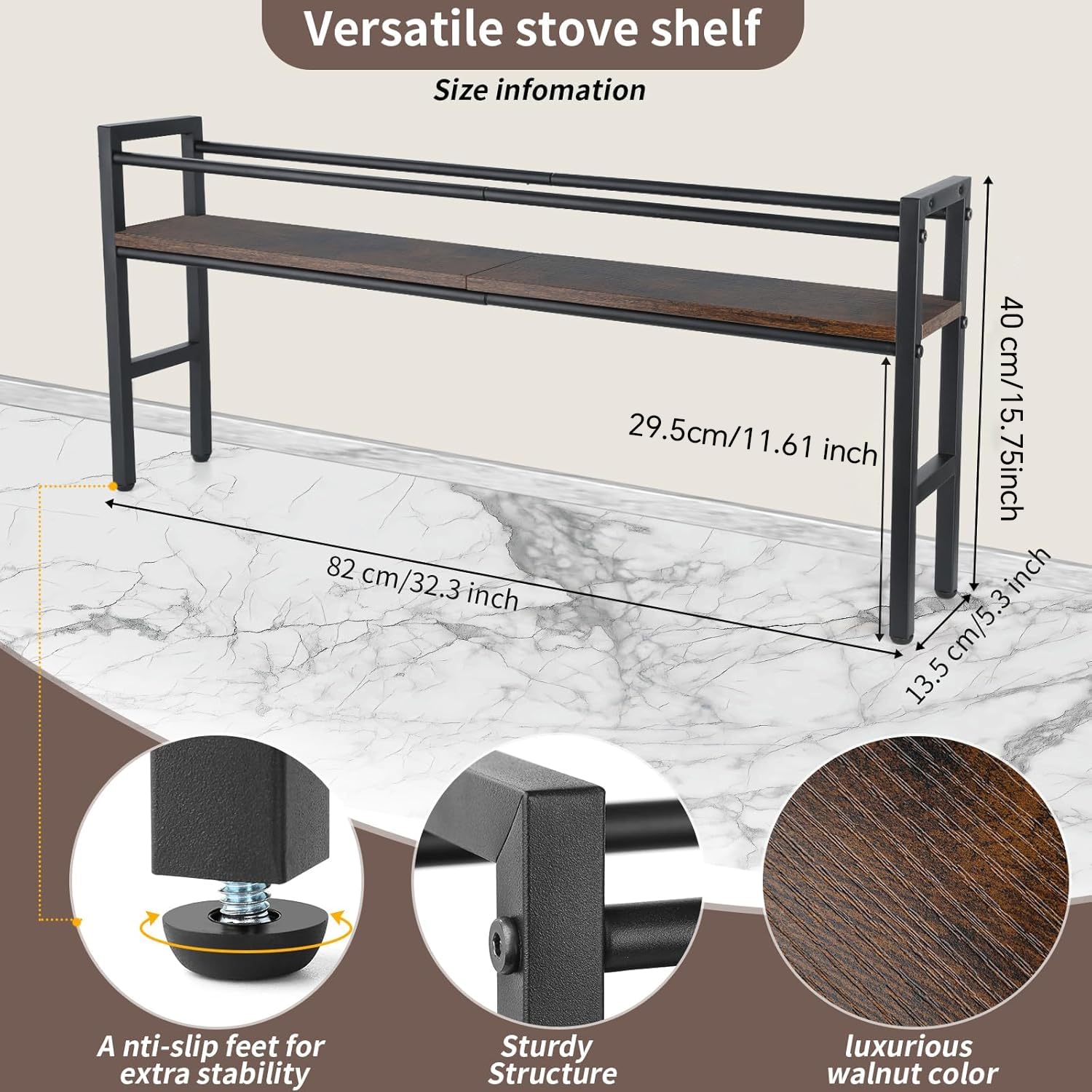 Meangood spice rack shelf with hooks stores utensils and towels for quick access.