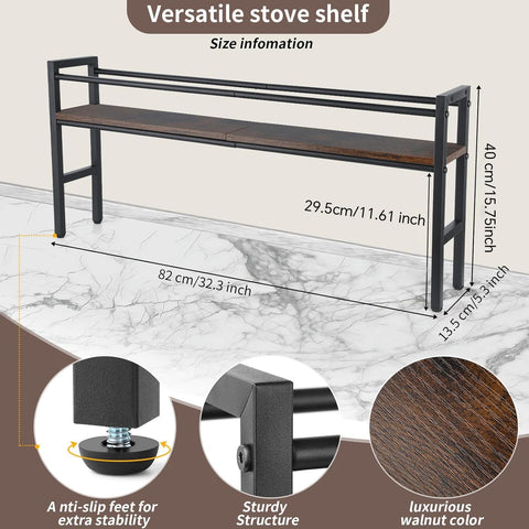 Meangood spice rack shelf with hooks stores utensils and towels for quick access.