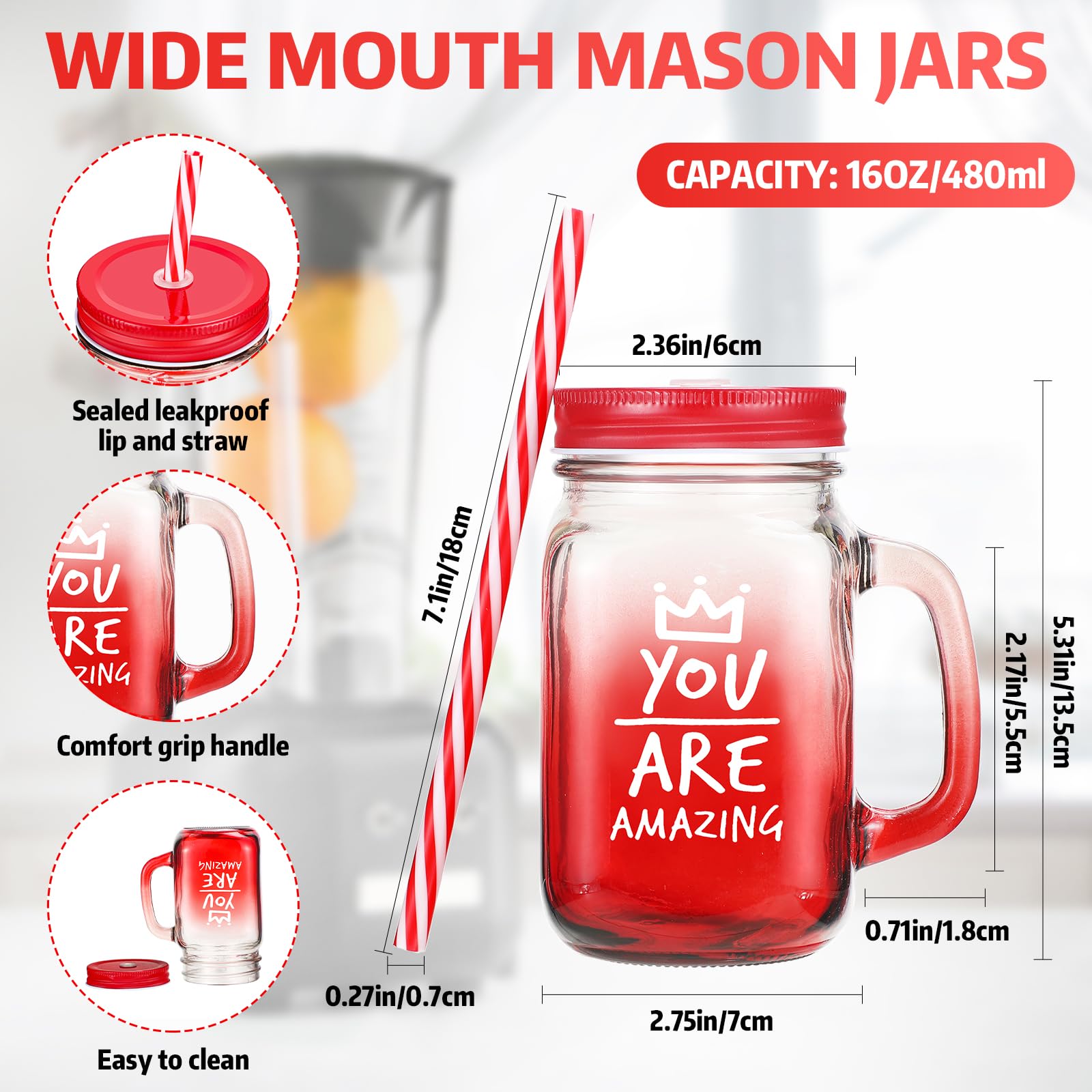 Meanplan 16oz red glass mason jar mugs with handles for easy carrying.