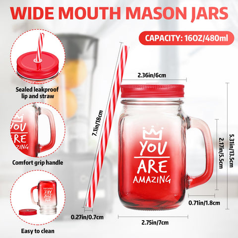 Meanplan 16oz red glass mason jar mugs with handles for easy carrying.