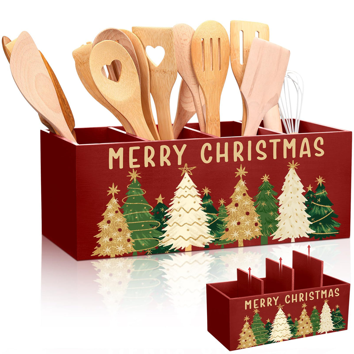 Meanplan Christmas utensil holder with four compartments for organized countertop storage.