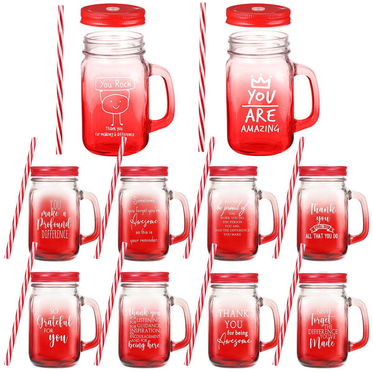 Meanplan valentines 10-pack red glass cups with lids and straws, ideal for coworker gifts.