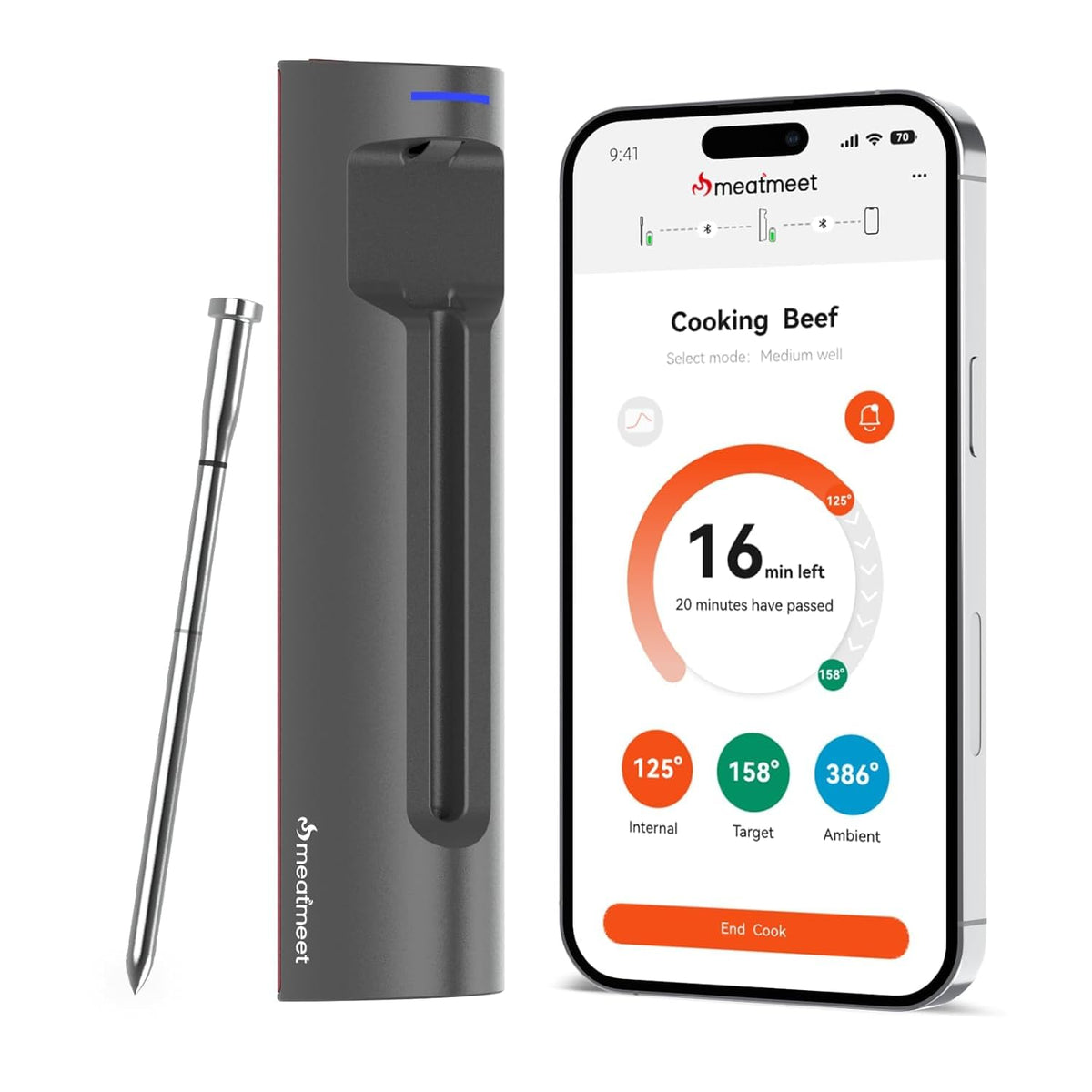 Meatmeet S Pro thermometer probe in use for precise grilling control.