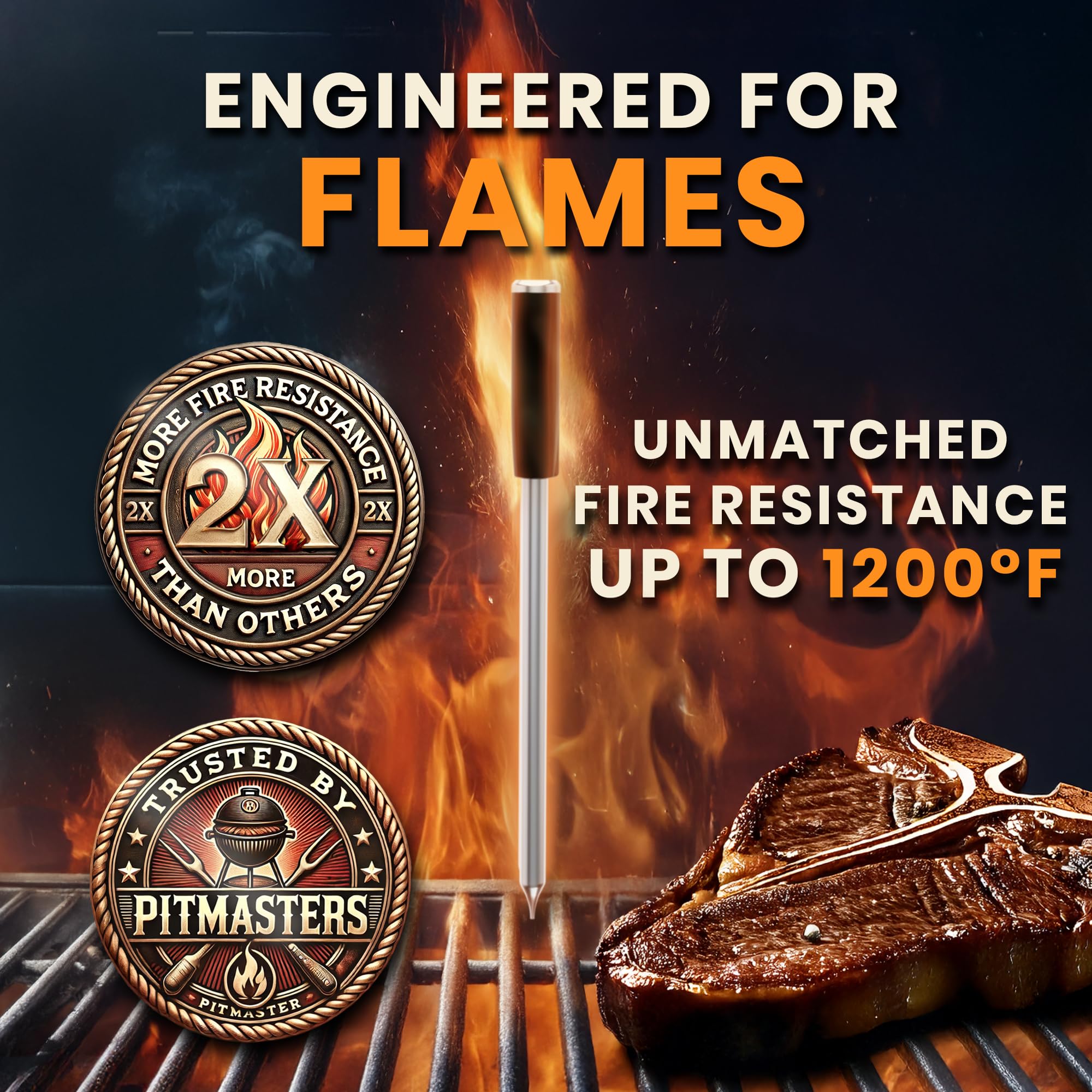 MeatStick V probe shows 1200°F heat resistance for high-heat cooking.