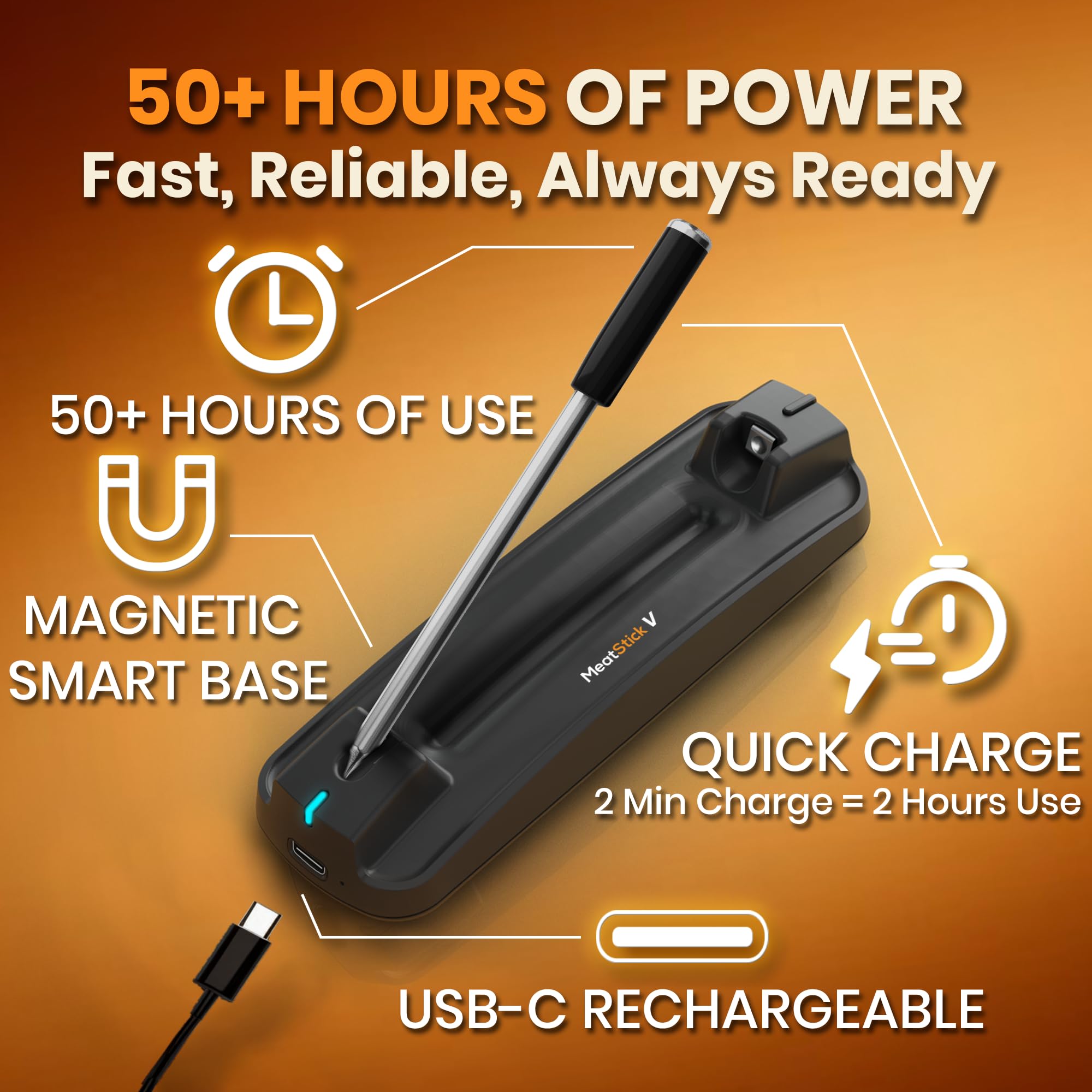 MeatStick V USB-C base charges quickly for extended cooks.