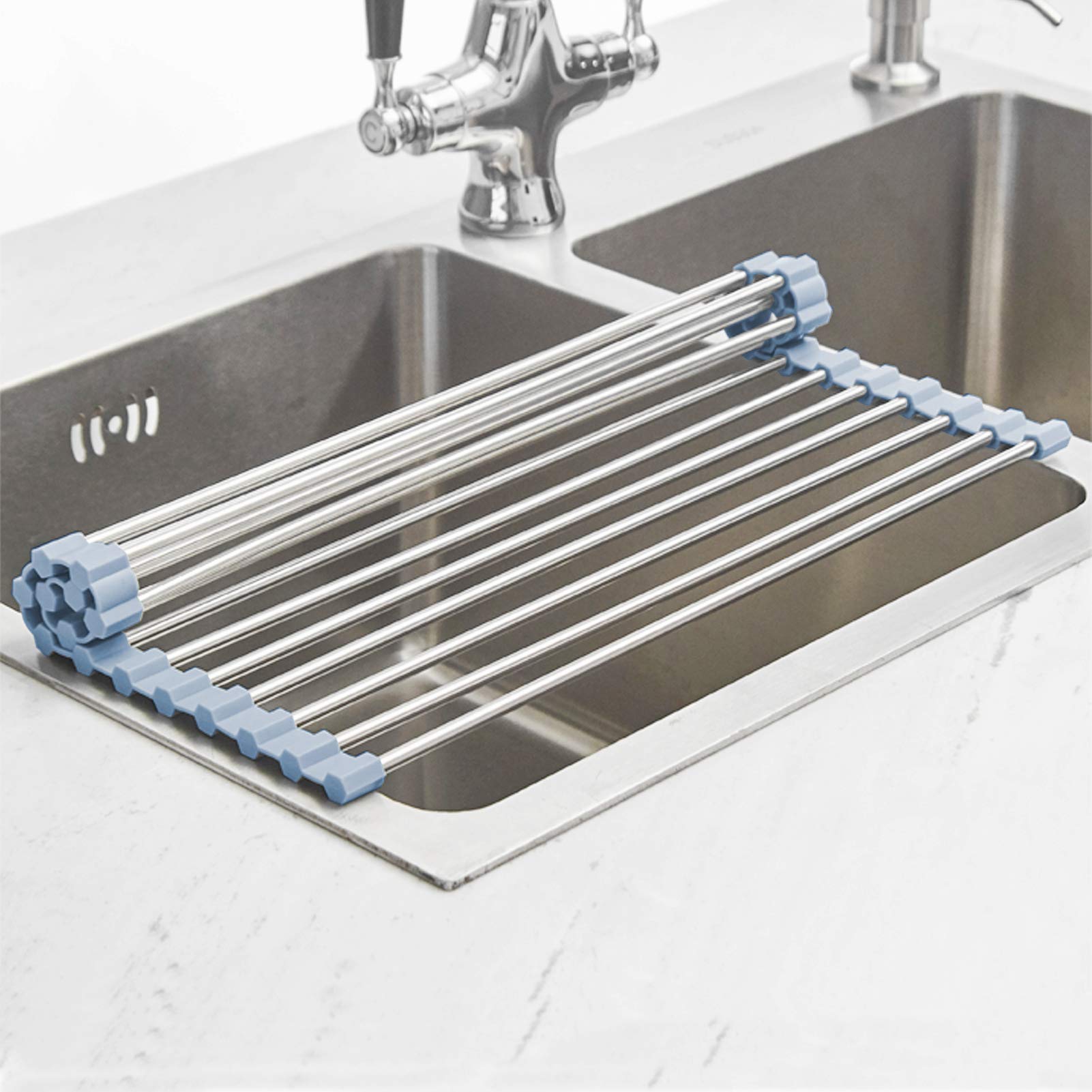 Mecheer roll‑up rack stored flat in a cabinet for easy storage.