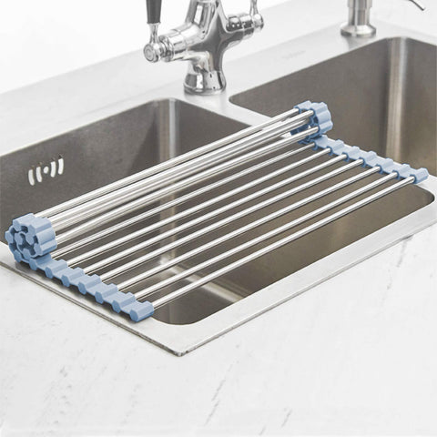 Mecheer roll‑up rack stored flat in a cabinet for easy storage.