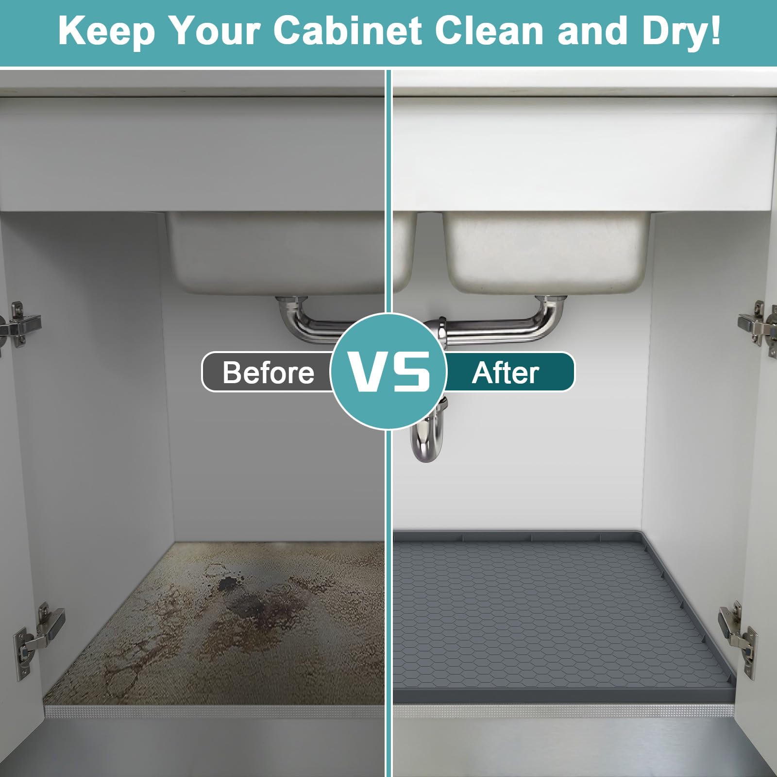 MECHEER easy-clean under-sink mat wipes clean with soap and water.