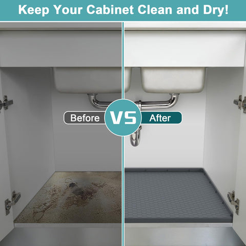 MECHEER flexible silicone under-sink mat eases cleaning around tight pipes and corners
