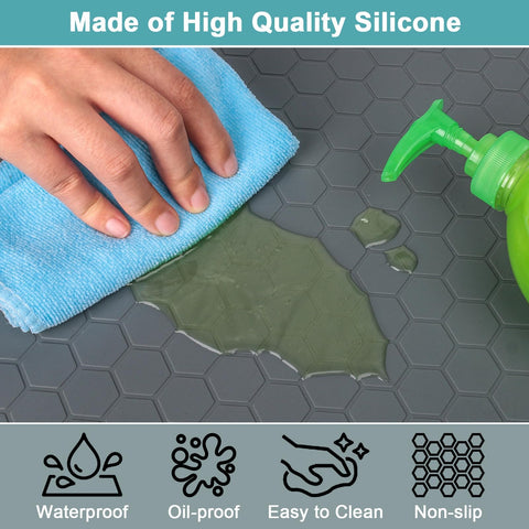 MECHEER raised-edge under-sink mat prevents spills from spreading and protects base cabinets