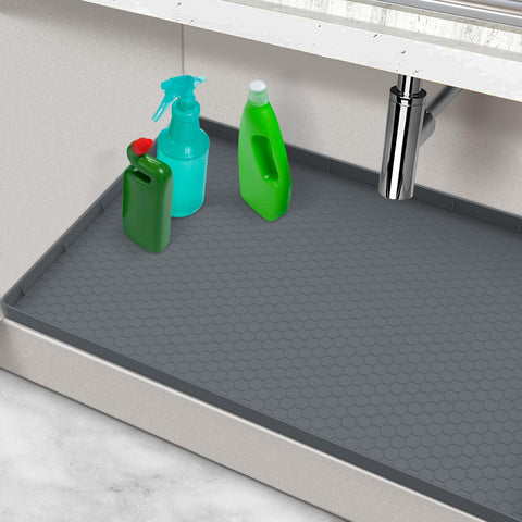 MECHEER silicone under-sink mat 25x19, dry and organized cabinet space.