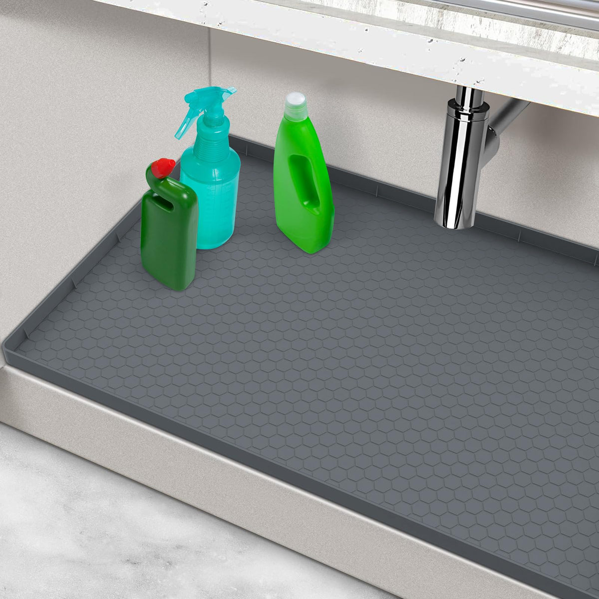 Mecheer waterproof under sink mat 28x19 gray protects kitchen cabinets from leaks.