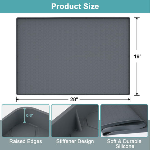 Mecheer gray silicone under-sink mat with raised edges contains spills.