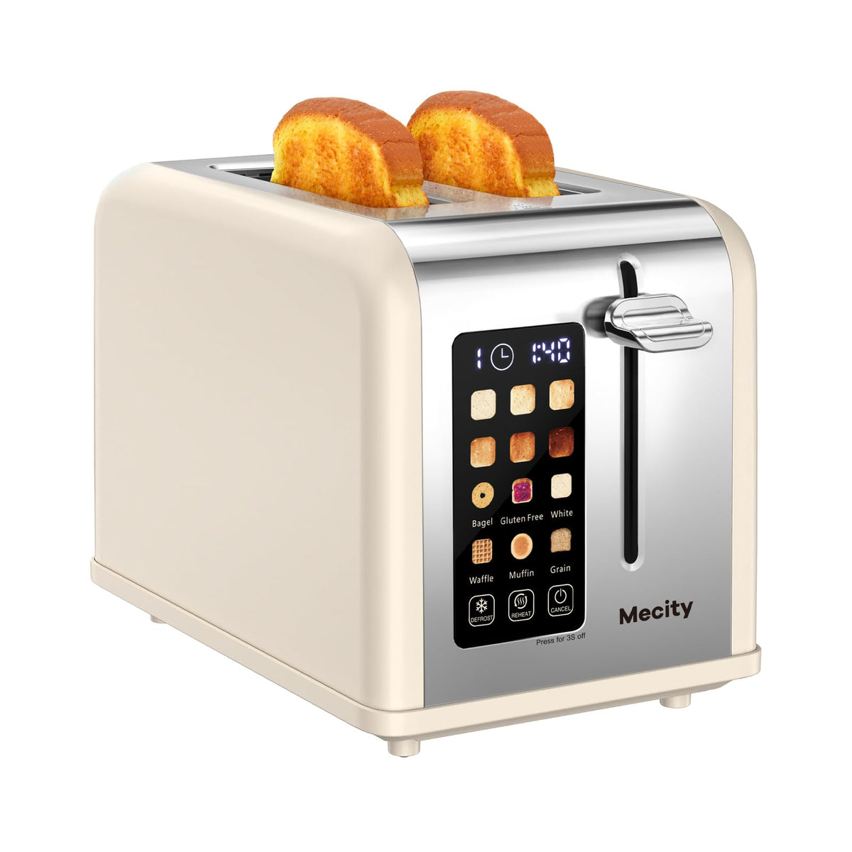 Mecity 2-Slice Toaster front view in cream stainless steel with fast browning.