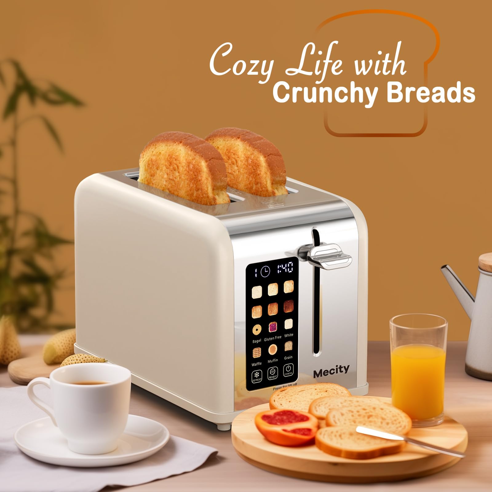 Mecity 2-Slice Toaster presets for bagels, waffles, muffins, and gluten-free breads.