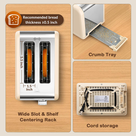 Mecity 2-Slice Toaster stainless-steel body in cream finish for a durable kitchen look.