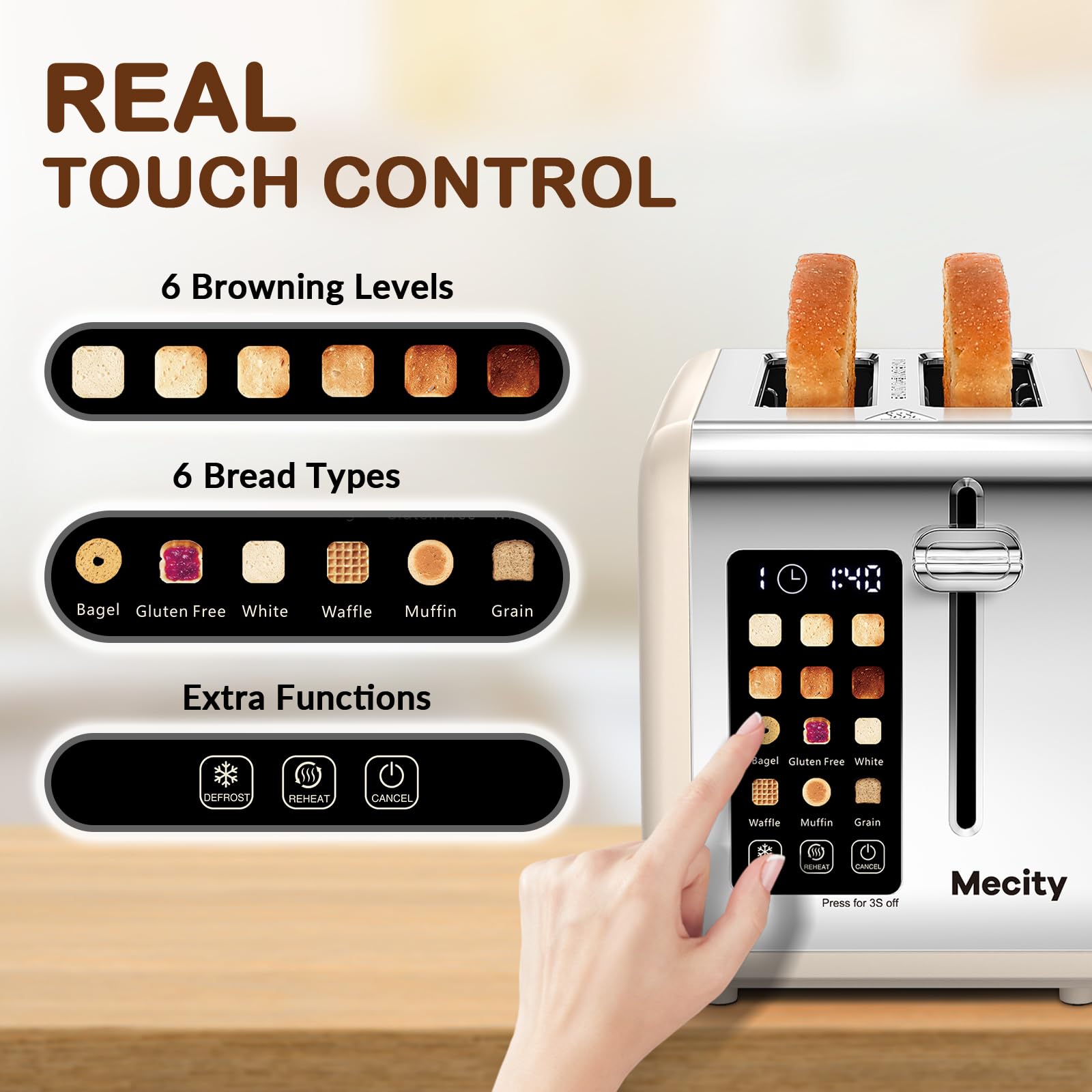Mecity 2-Slice Toaster touchscreen panel showing intuitive settings for precise browning.