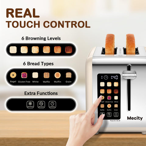Mecity 2-Slice Toaster touchscreen panel showing intuitive settings for precise browning.