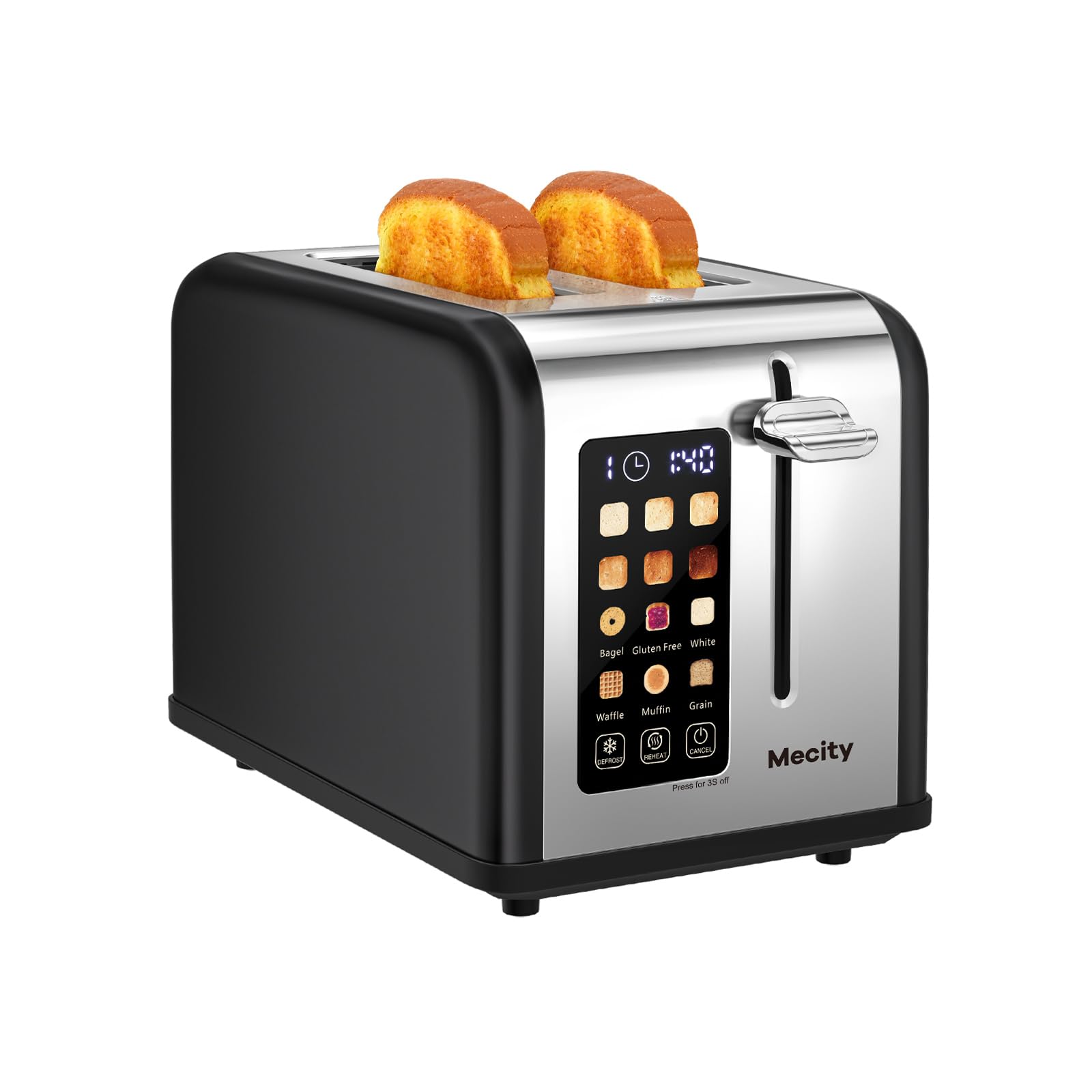 Mecity 2-slice toaster front view in matte black stainless steel, stylish on the counter.