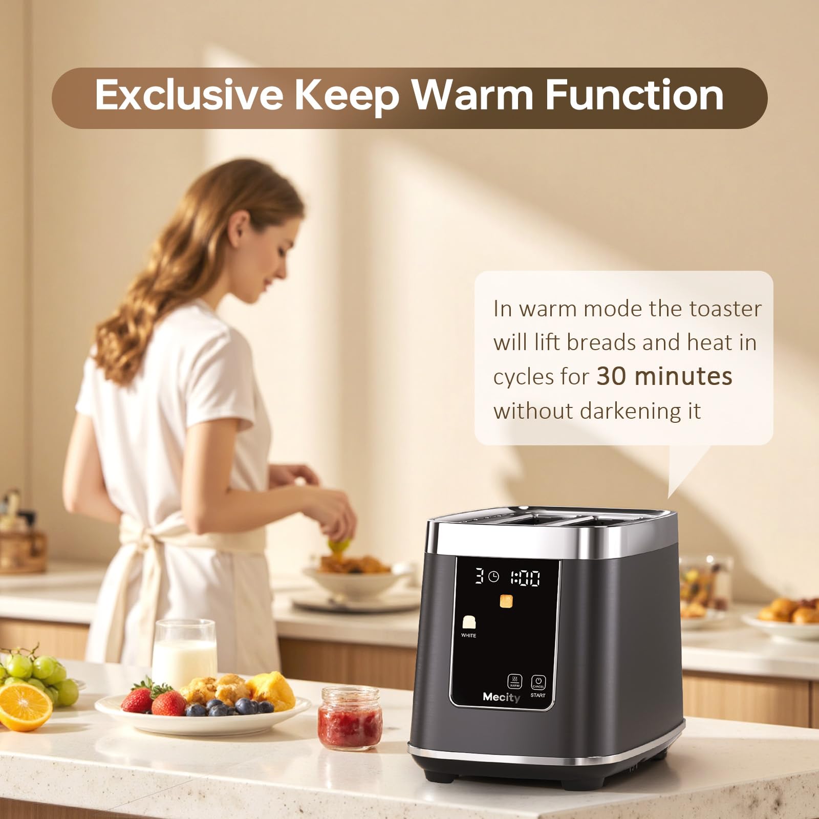 Mecity toaster displaying 8 bread programs on a bright touch screen