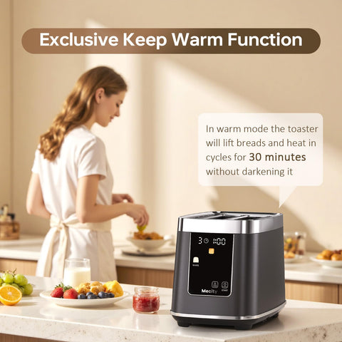 Mecity toaster displaying 8 bread programs on a bright touch screen