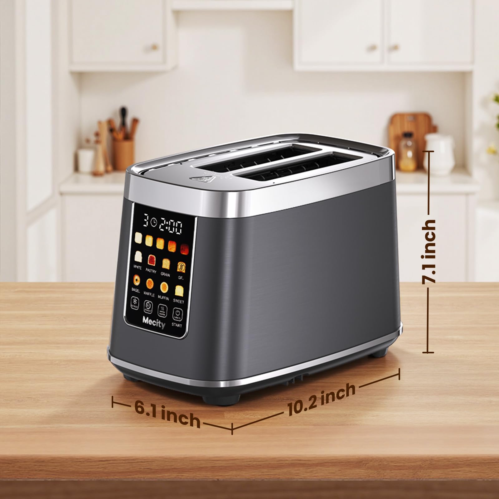 Mecity counter-top stainless steel toaster blends with modern kitchen decor